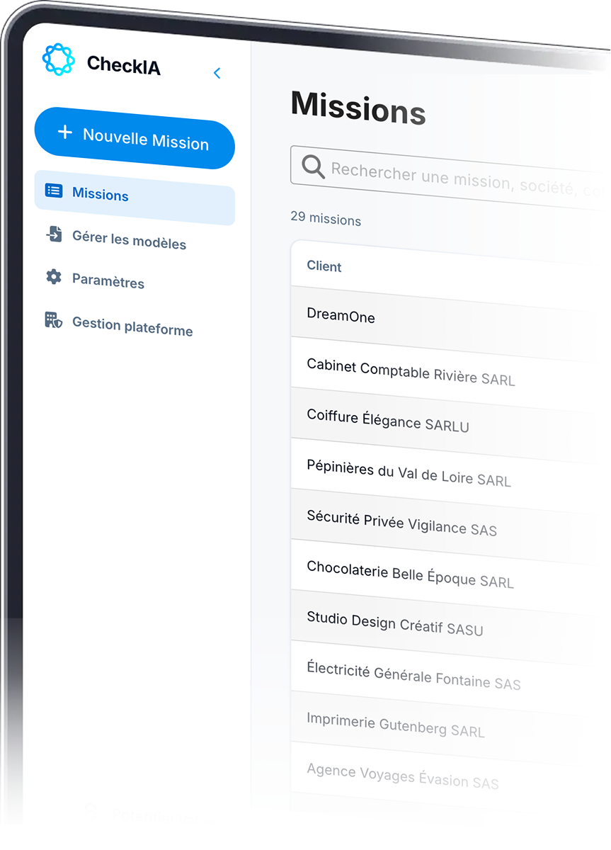 Liste des missions dans CheckIA : client, type de mission, signataire et avancement.