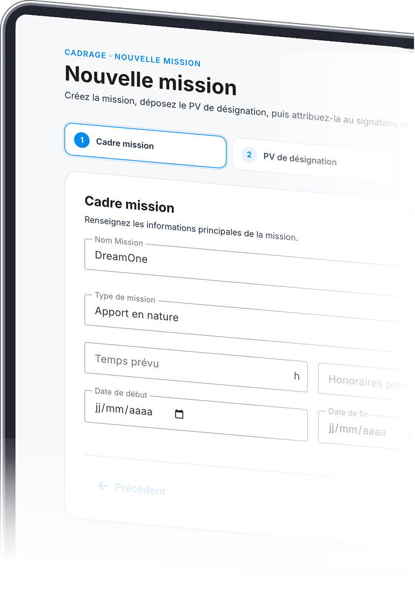 Formulaire de cadrage d’une nouvelle mission CheckIA : nom, type de mission, temps prévu et dates.