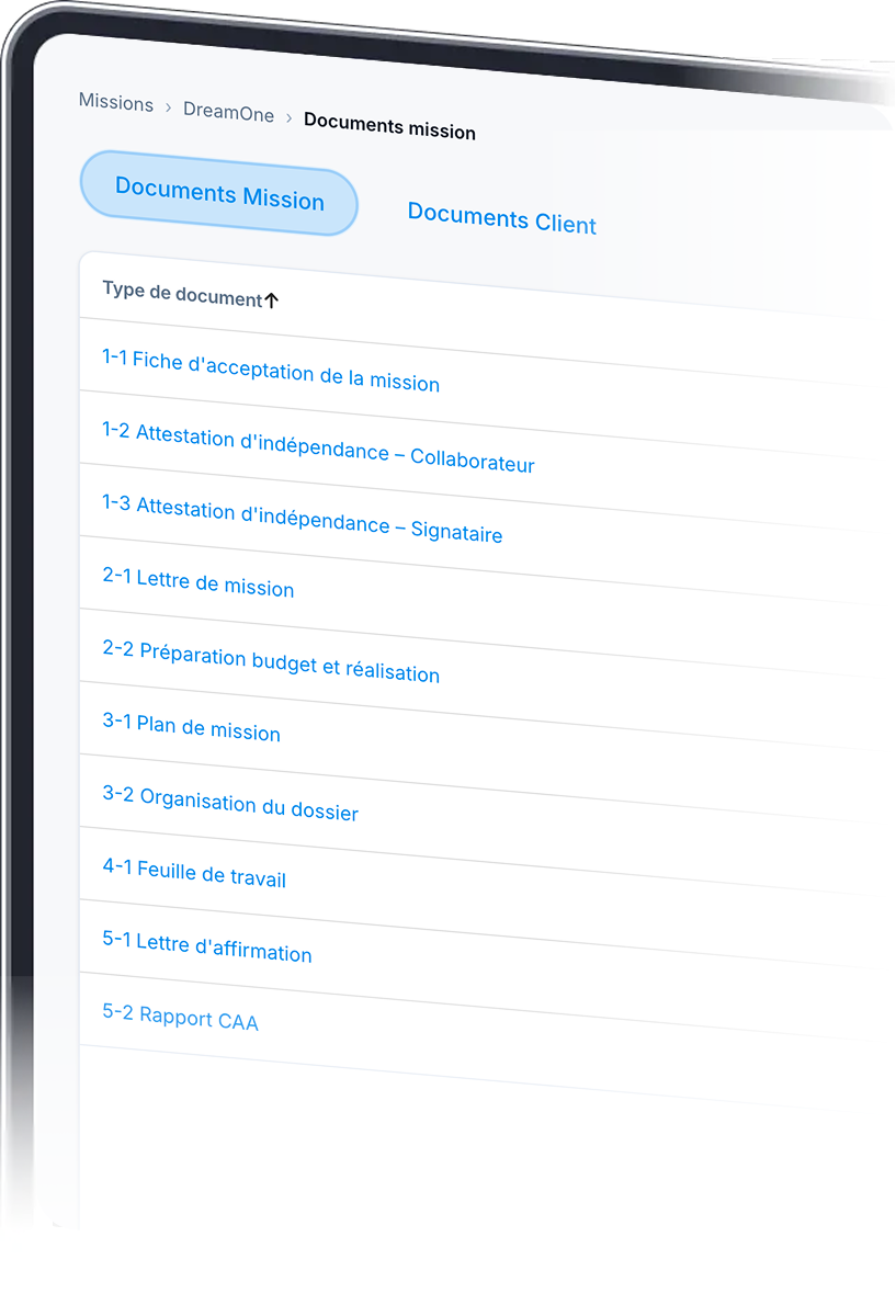 Liste des documents de mission d’un dossier CheckIA, de la fiche d’acceptation au rapport.
