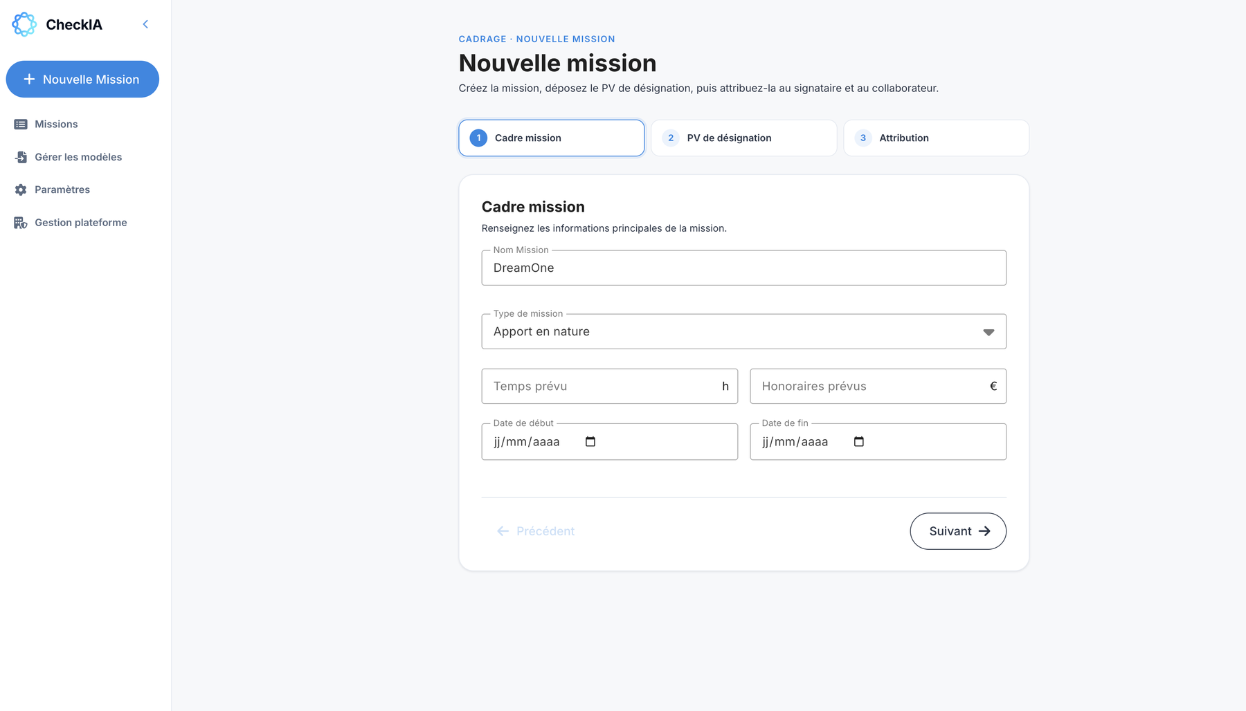 Création d’une mission CheckIA en trois étapes : cadre mission, PV de désignation et attribution au signataire et au collaborateur.