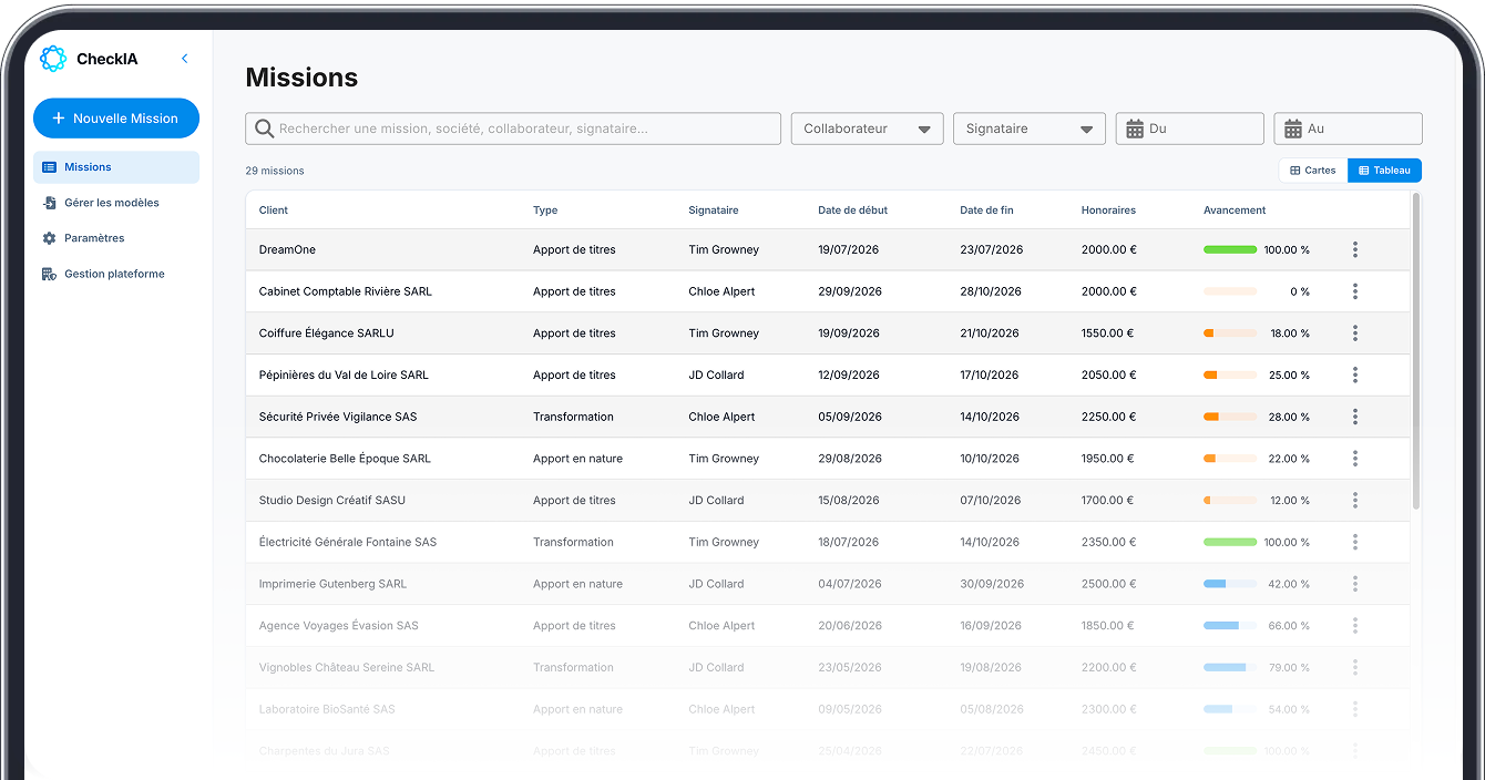 Liste des missions dans CheckIA : client, type, signataire, dates, honoraires et avancement.